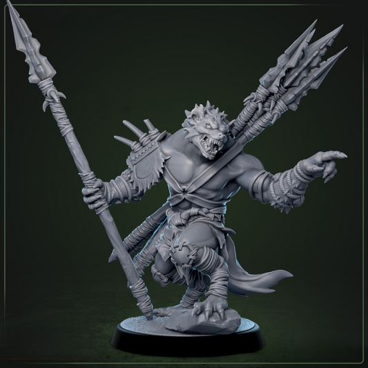 Boneyard Gnoll Stalker 1 - sluipende gnoll met speer, wijzend, onderdeel van 5-delige warband uit Bloodstone Valley voor D&D en fantasy tabletop gaming