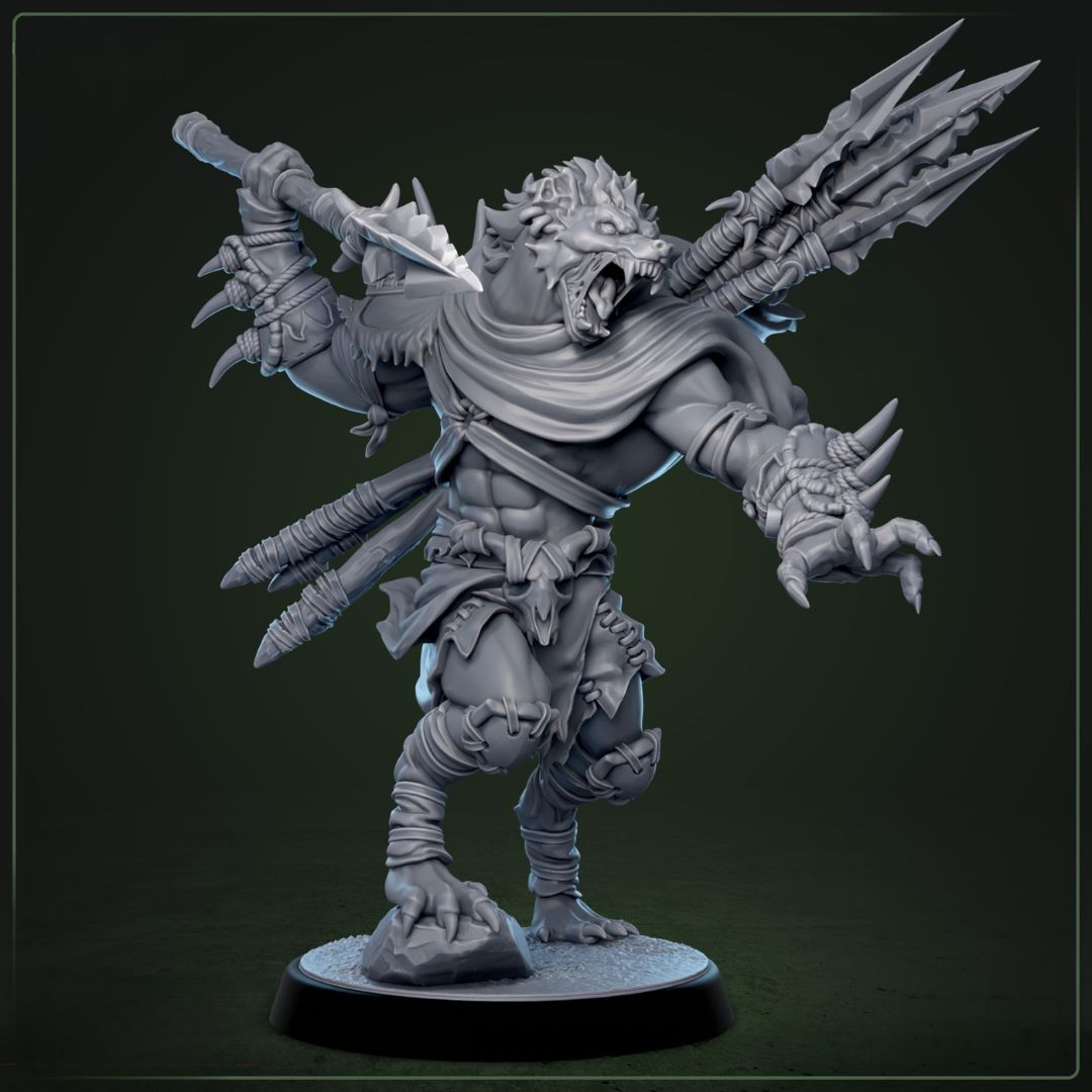 Boneyard Gnoll Stalker 3 - bewegende gnoll-jager met wapen, derde variatie uit fantasy miniaturen stalker warband voor TTRPG campaigns