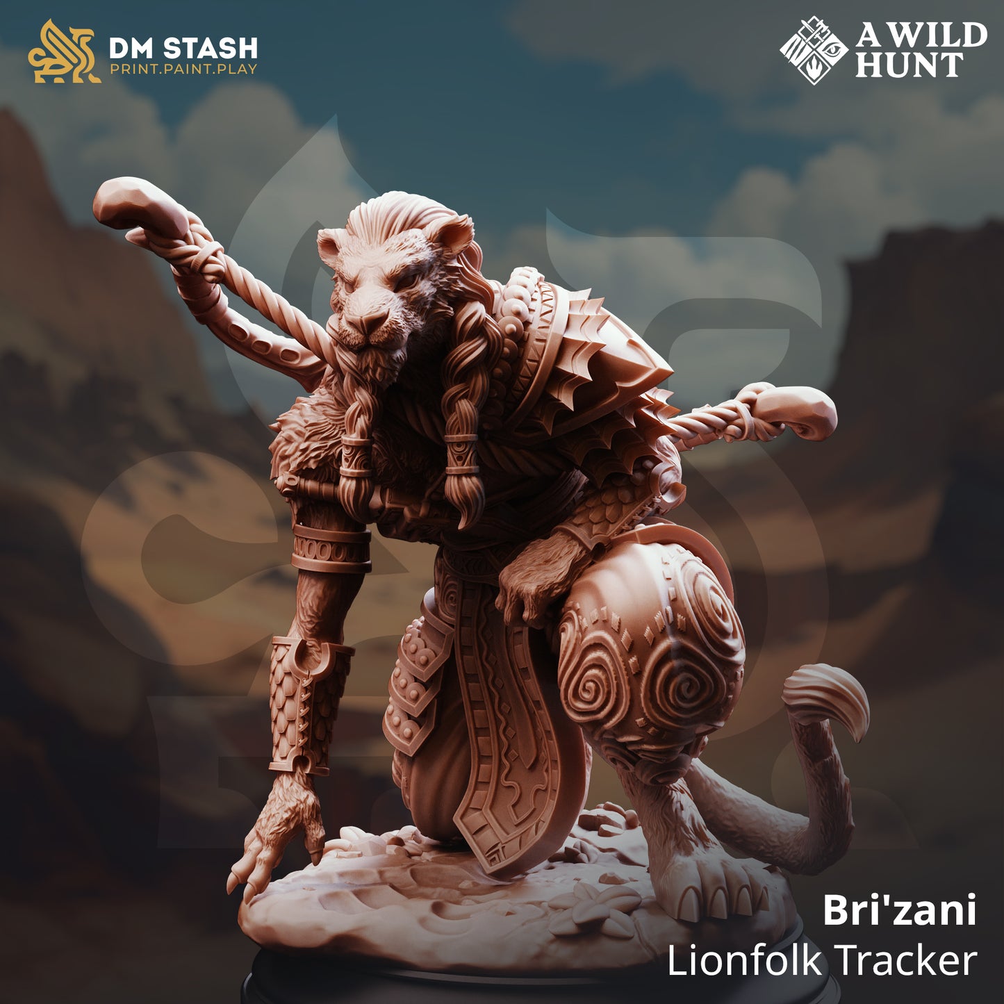 Bri'zani Lionfolk Tracker D&D miniatuur - nobele savanna hunter met tribal markings uit A Wild Hunt collectie, premium DND miniaturen fantasy lionfolk tracker voor TTRPG tribal encounters uit Nederland bij Quest & Craft