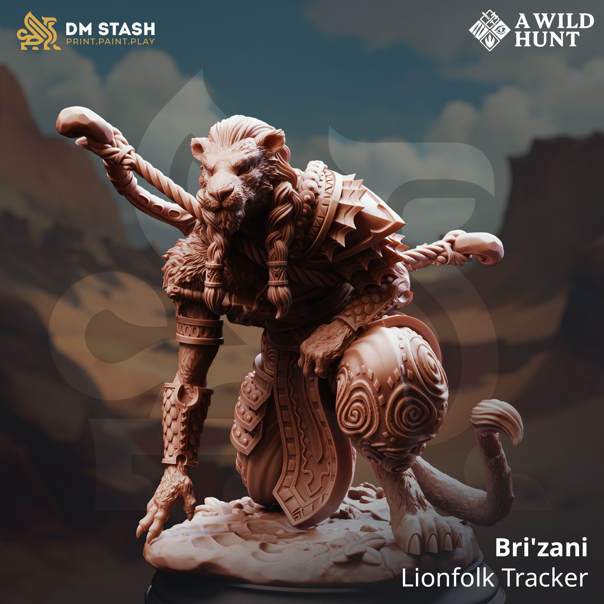 Bri'zani Lionfolk Tracker D&D miniatuur - nobele savanna hunter met tribal markings uit A Wild Hunt collectie, premium DND miniaturen fantasy lionfolk tracker voor TTRPG tribal encounters uit Nederland bij Quest & Craft