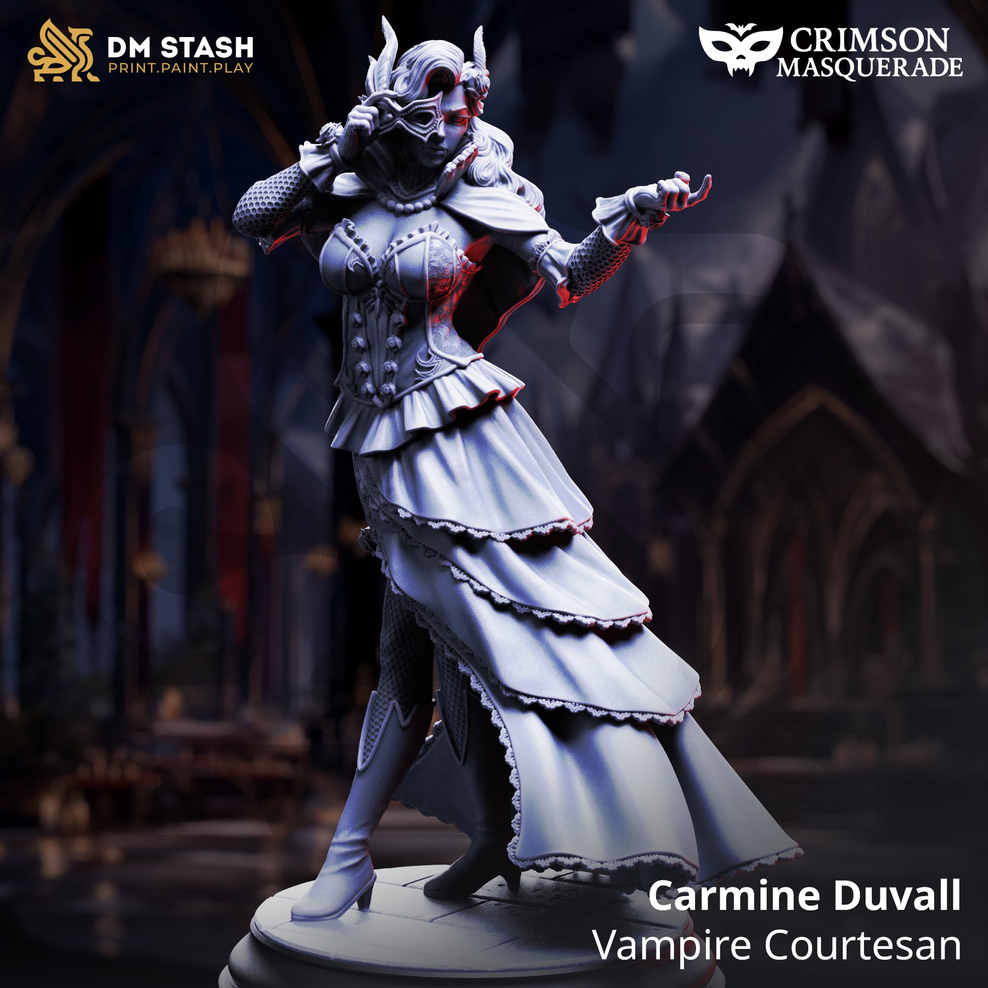 Carmine Duvall Vampire Courtesan D&D miniatuur - elegante vampier courtesan met sophisticated attire en graceful posture, premium DND miniaturen fantasy social NPC voor court intrigue TTRPG campaigns uit Nederland bij Quest & Craft