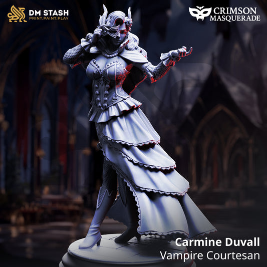 Carmine Duvall Vampire Courtesan D&D miniatuur - elegante vampier courtesan met sophisticated attire en graceful posture, premium DND miniaturen fantasy social NPC voor court intrigue TTRPG campaigns uit Nederland bij Quest & Craft