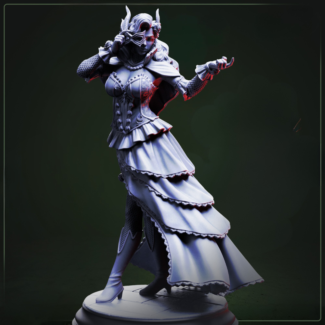 Carmine Duvall Vampire Courtesan D&D miniatuur - elegante vampier courtesan met sophisticated attire en graceful posture, premium DND miniaturen fantasy social NPC voor court intrigue TTRPG campaigns uit Nederland bij Quest & Craft