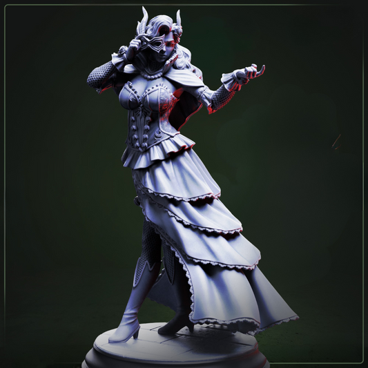 Carmine Duvall Vampire Courtesan D&D miniatuur - elegante vampier courtesan met sophisticated attire en graceful posture, premium DND miniaturen fantasy social NPC voor court intrigue TTRPG campaigns uit Nederland bij Quest & Craft