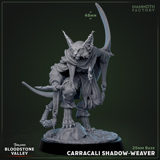 Carracali Shadow-Weaver D&D miniatuur - sierlijke katachtige krijger met kleurige zijden doeken en bronzen talismannen, mystieke schaduwdanser uit Bloodstone Valley collectie voor DND en fantasy tabletop gaming