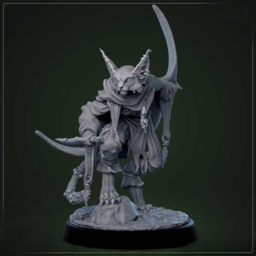 Carracali Shadow-Weaver D&D miniatuur - sierlijke katachtige krijger met kleurige zijden doeken en bronzen talismannen, mystieke schaduwdanser uit Bloodstone Valley collectie voor DND en fantasy tabletop gaming