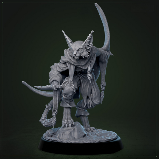 Carracali Shadow-Weaver D&D miniatuur - sierlijke katachtige krijger met kleurige zijden doeken en bronzen talismannen, mystieke schaduwdanser uit Bloodstone Valley collectie voor DND en fantasy tabletop gaming