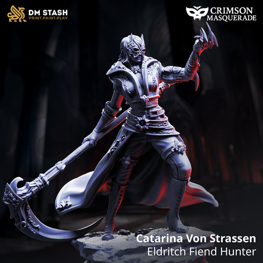 Catarina von Strassen Eldritch Fiend Hunter D&D miniatuur - Masked - expert occult jager met specialized equipment en focused expression, premium DND miniaturen fantasy supernatural hunter voor cosmic horror TTRPG campaigns uit Nederland bij Quest & Craft