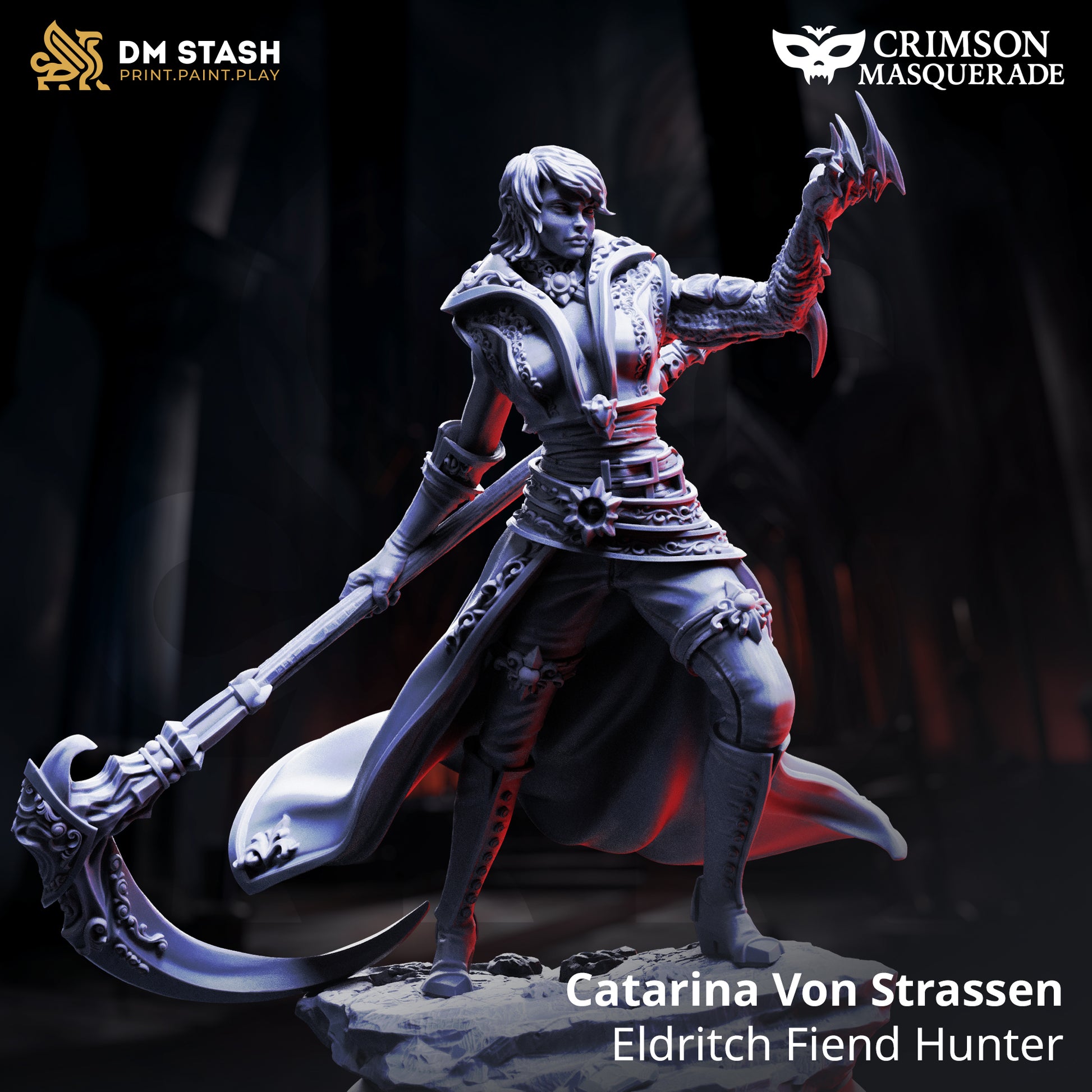 Catarina von Strassen Eldritch Fiend Hunter D&D miniatuur - expert occult jager met specialized equipment en focused expression, premium DND miniaturen fantasy supernatural hunter voor cosmic horror TTRPG campaigns uit Nederland bij Quest & Craft
