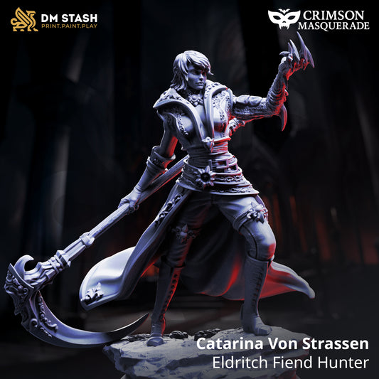 Catarina von Strassen Eldritch Fiend Hunter D&D miniatuur - expert occult jager met specialized equipment en focused expression, premium DND miniaturen fantasy supernatural hunter voor cosmic horror TTRPG campaigns uit Nederland bij Quest & Craft