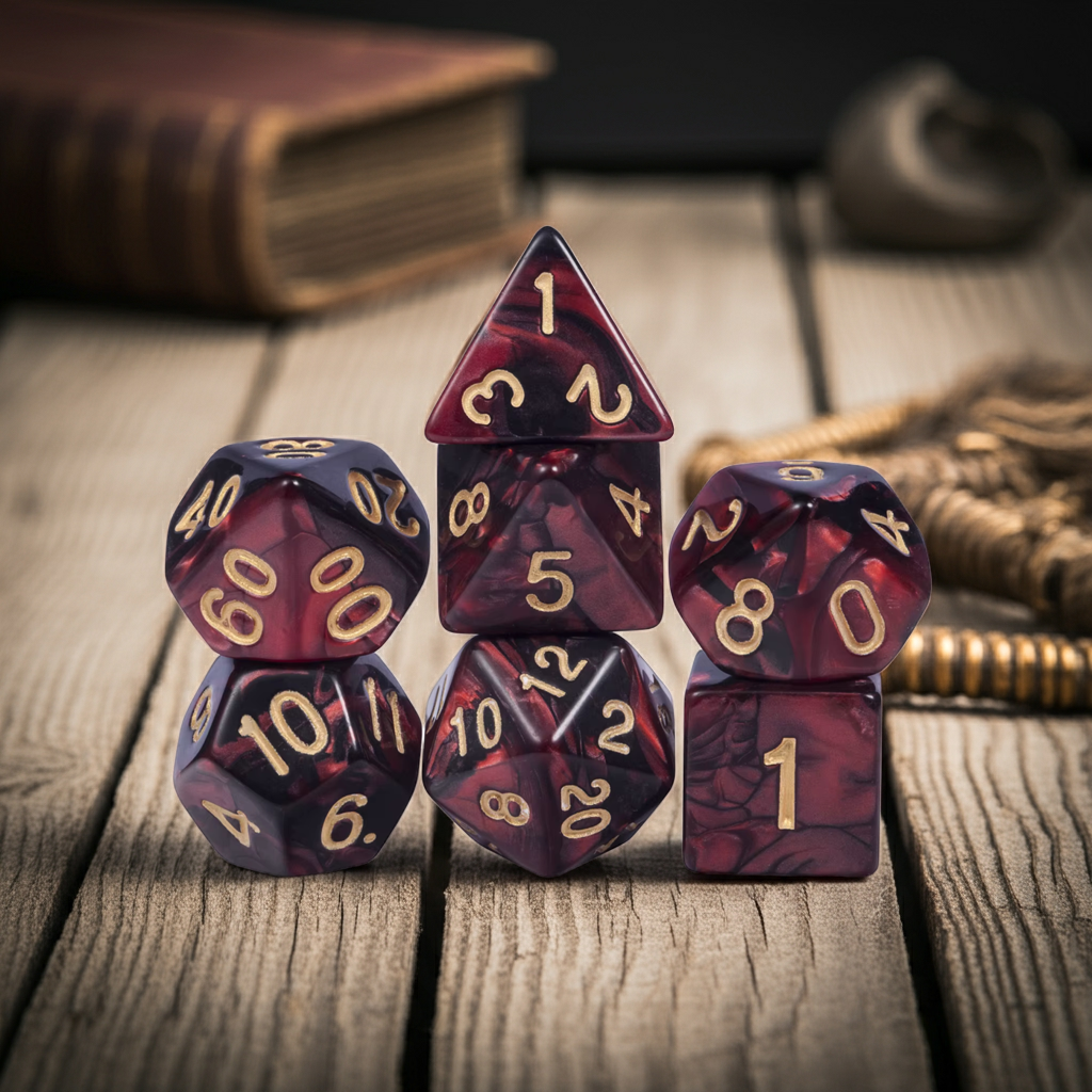 Red & Black dobbelstenen met gouden cijfers – D&D Dice Set