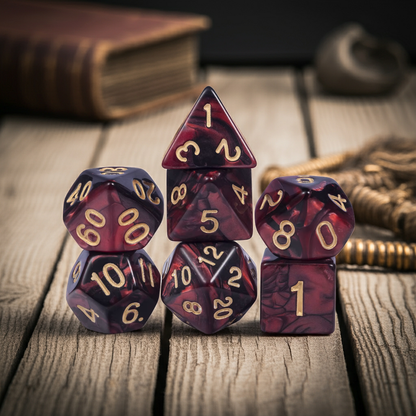 Red & Black dobbelstenen met gouden cijfers – D&D Dice Set
