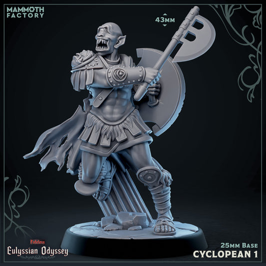Cyclopean 1 D&D miniatuur - bijjl en schild- brutale eénogige krijger uit Eulyssian Odyssey collectie, hoogdetail resin DND miniaturen voor mythologische tabletop RPG van Quest & Craft
