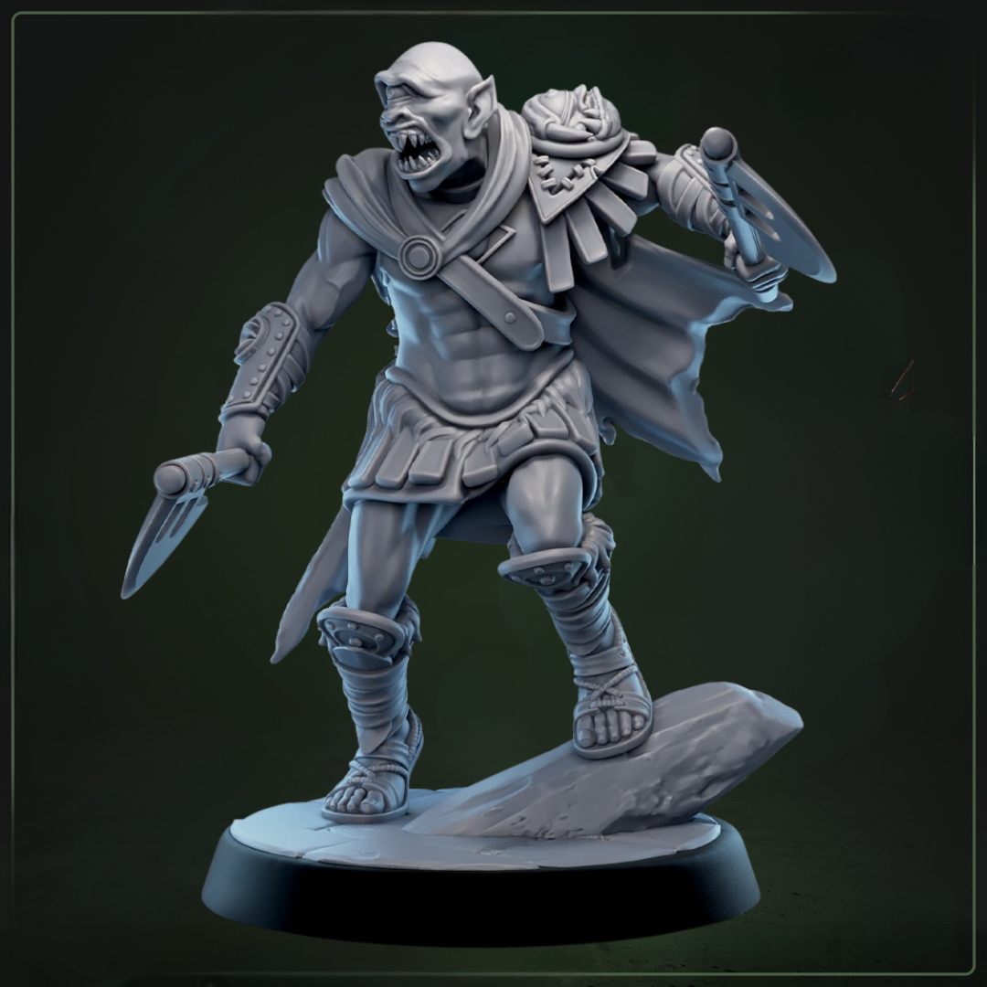Cyclopean 4 D&D miniatuur - dual wield axes - brutale cyclopen warrior met immense kracht uit Eulyssian Odyssey warband, DND miniaturen voor tabletop RPG bij Quest & Craft

