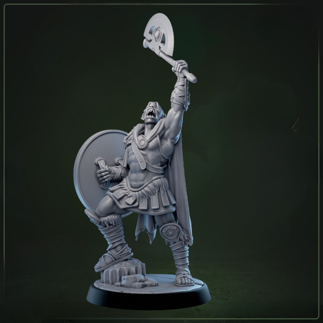 Cyclopean 5 D&D miniatuur - Houd bijl hoog in de lucht-complete mythologische cyclopen warband uit Eulyssian Odyssey set, Nederlandse kwaliteit Quest & Craft miniaturen nederland voor legendarische encounters
