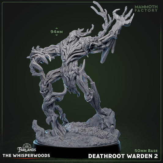 Deathroot Warden 2 fantasy miniatuur detail - mystieke boomkrijger met verwrongen takken en holle oogkassen, TTRPG miniaturen boss monster voor Dungeons & Dragons encounters - Quest & Craft