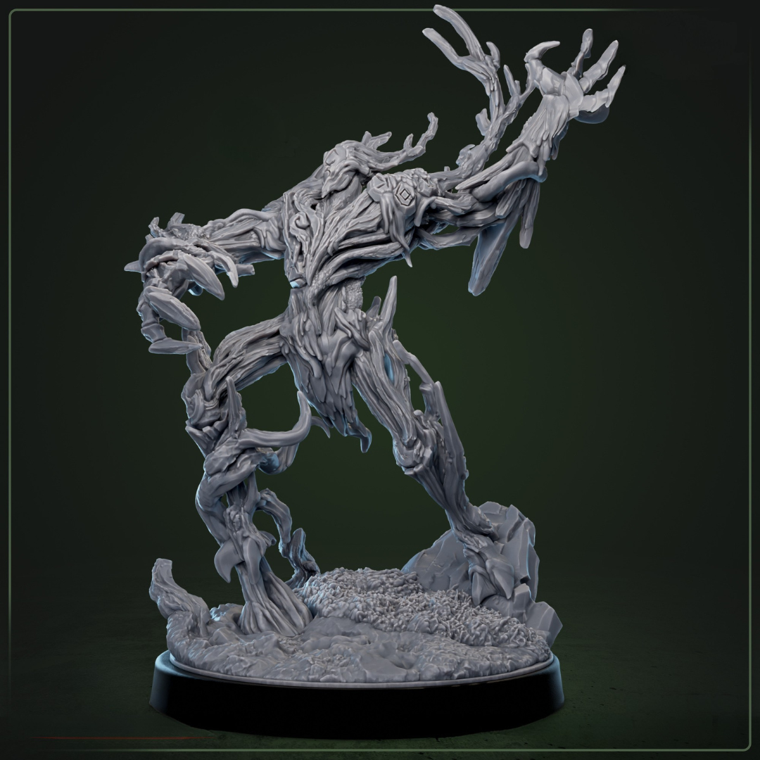 Deathroot Warden 2 fantasy miniatuur detail - mystieke boomkrijger met verwrongen takken en holle oogkassen, TTRPG miniaturen boss monster voor Dungeons & Dragons encounters - Quest & Craft
