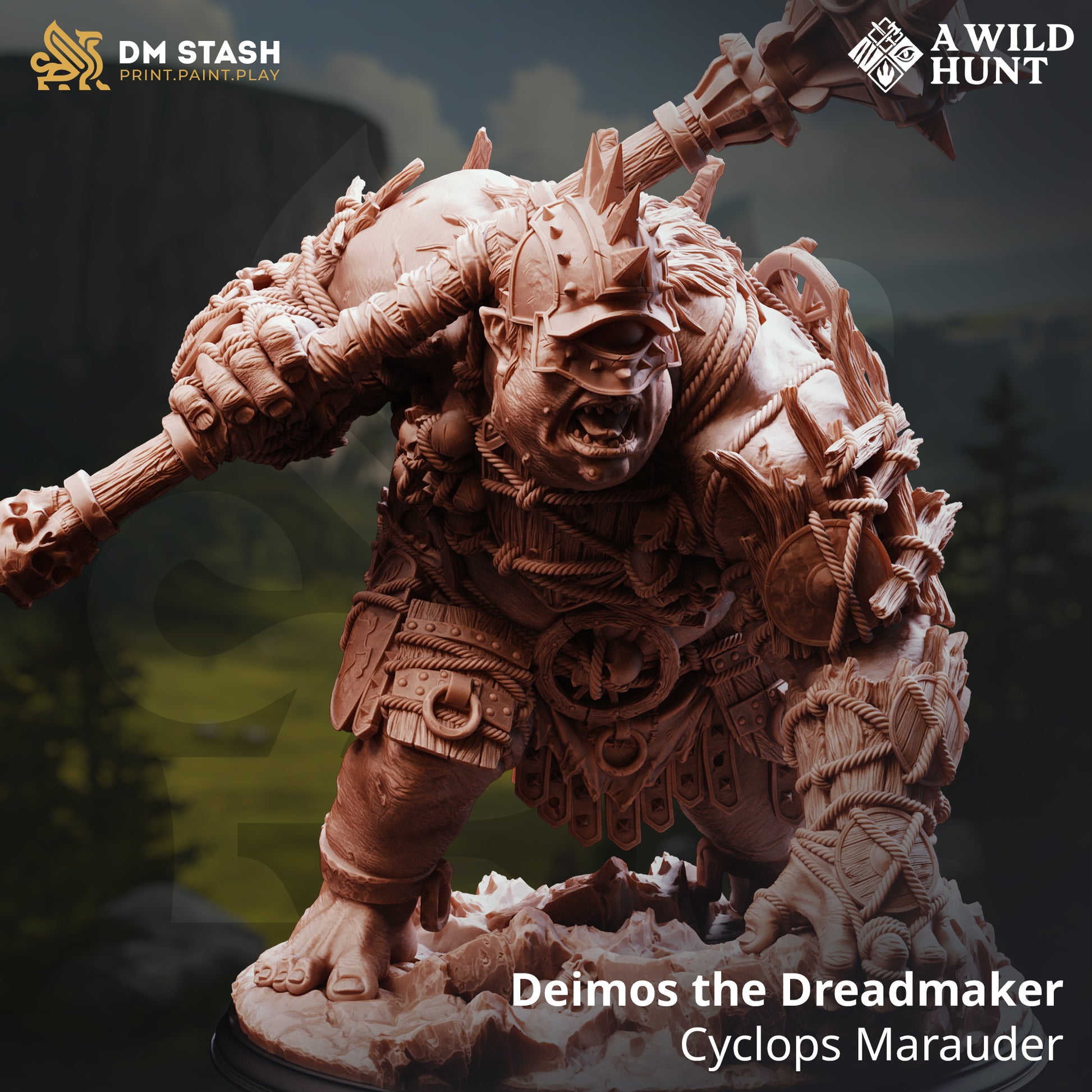 Deimos the Dreadmaker Cyclops Marauder D&D miniatuur - imposante legendary cyclops warlord met massive weapons uit A Wild Hunt collectie, premium DND miniaturen fantasy giant warrior voor TTRPG epic encounters uit Nederland bij Quest & Craft