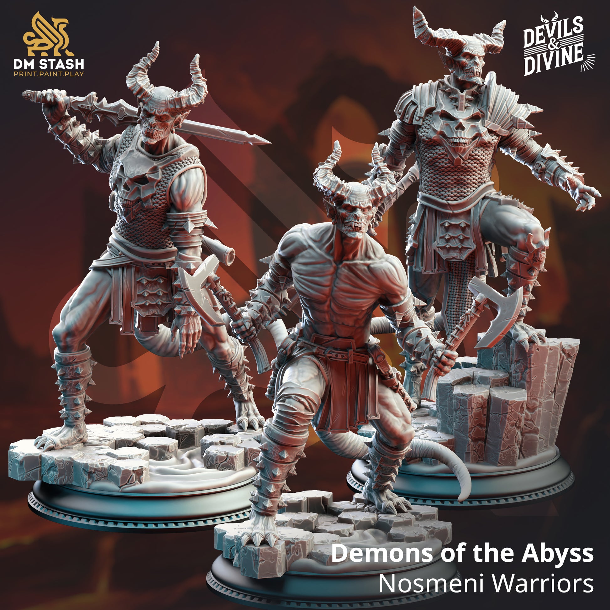 Demons of the Abyss Nosmeni Warriors D&D miniaturen - angstaanjagende demonische krijgers met chaotische kracht uit Feet First Into Hell campagne, premium DND miniaturen fantasy demonen voor TTRPG adventures uit Nederland bij Quest & Craft