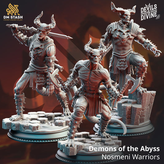 Demons of the Abyss Nosmeni Warriors D&D miniaturen - angstaanjagende demonische krijgers met chaotische kracht uit Feet First Into Hell campagne, premium DND miniaturen fantasy demonen voor TTRPG adventures uit Nederland bij Quest & Craft
