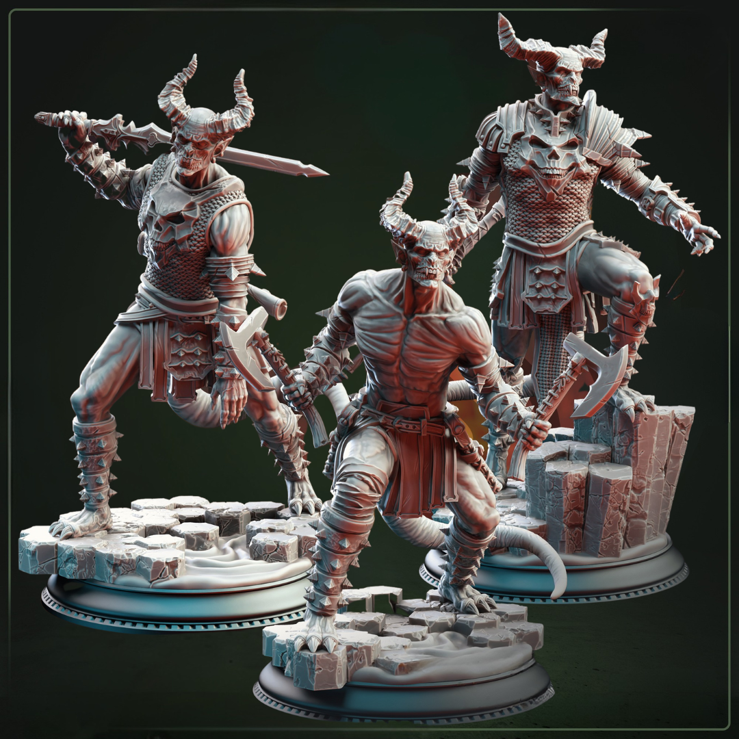 Demons of the Abyss Nosmeni Warriors D&D miniaturen - angstaanjagende demonische krijgers met chaotische kracht uit Feet First Into Hell campagne, premium DND miniaturen fantasy demonen voor TTRPG adventures uit Nederland bij Quest & Craft
