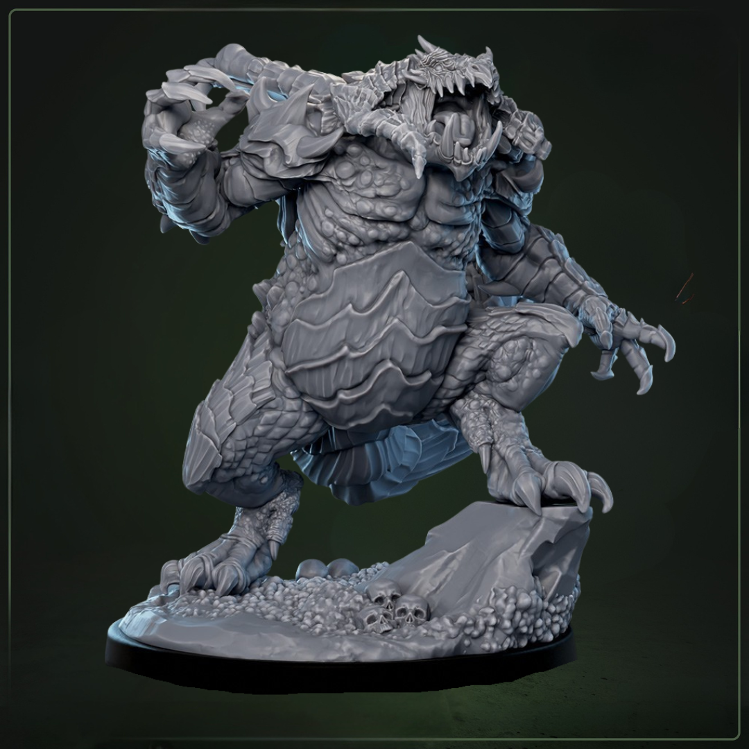 Dragon Ogre 2 D&D miniatuur - draconische ogre mutant met reptielachtige transformatie, fantasy miniaturen boss monster voor epische encounters bij Quest & Craft
