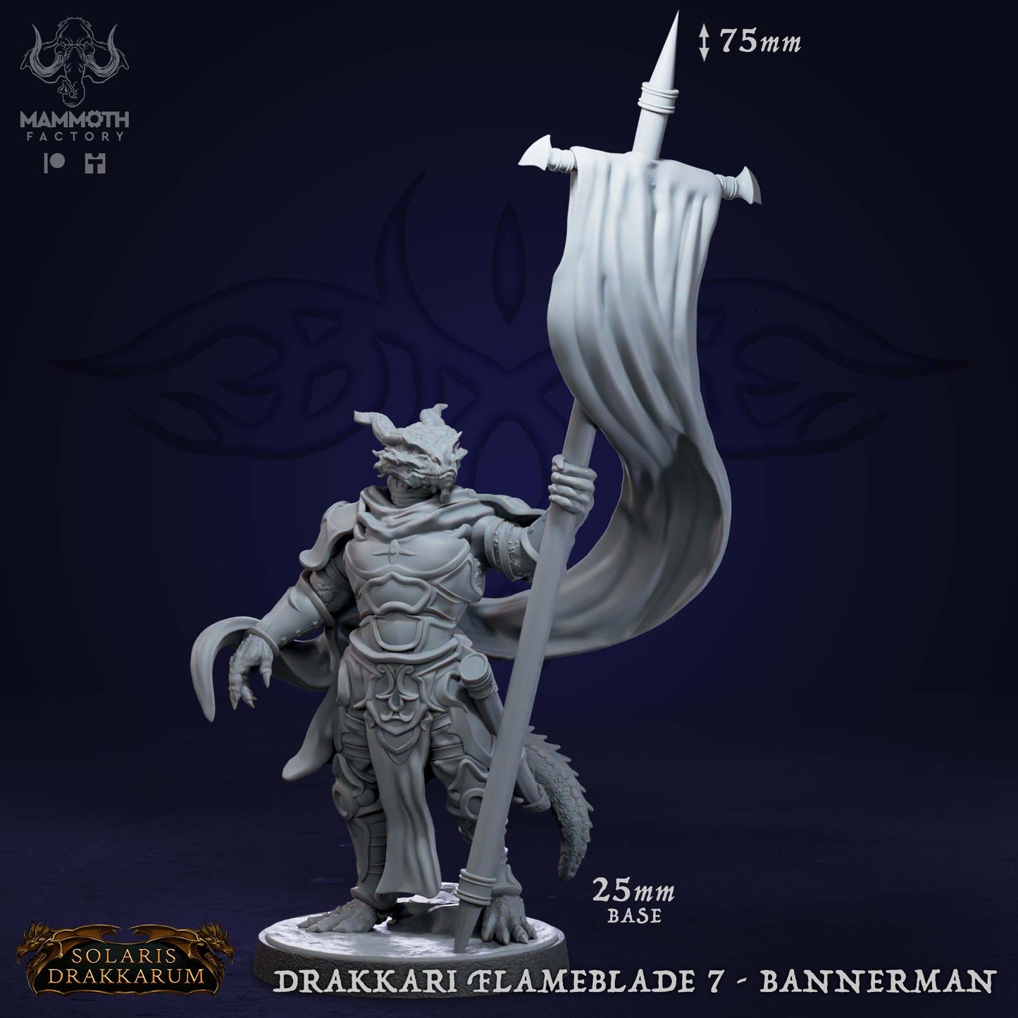 Drakkari Flameblade 7 Bannerman D&D miniatuur - dragonkin vaandeldrager uit flameblade warband, militaire DND miniaturen voor tactische flame formaties van Quest & Craft

