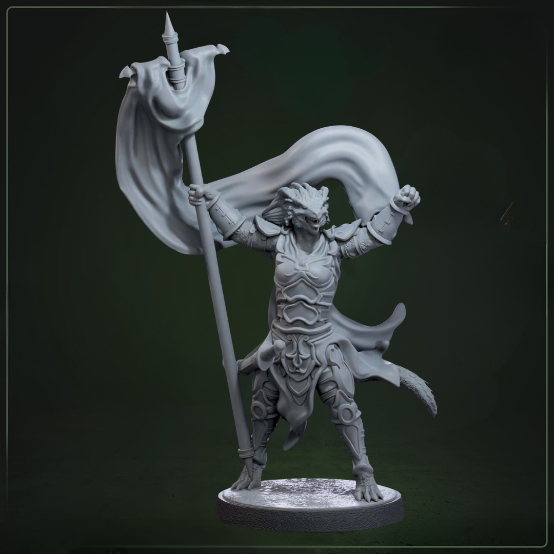 Drakkari Crusader 7 Bannerman D&D miniatuur - dragonkin vaandeldrager uit crusader warband, militaire DND miniaturen voor tactische holy formaties van Quest & Craft

