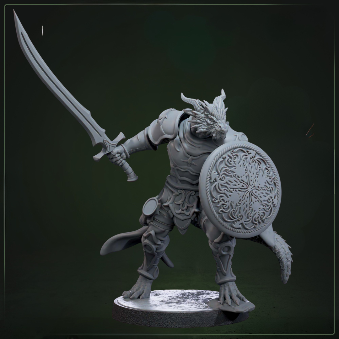 Drakkari Flameblade 3 D&D miniatuur - dragonkin fire warrior uit flameblade warband, DND miniaturen voor flame magic encounters bij Quest & Craft
