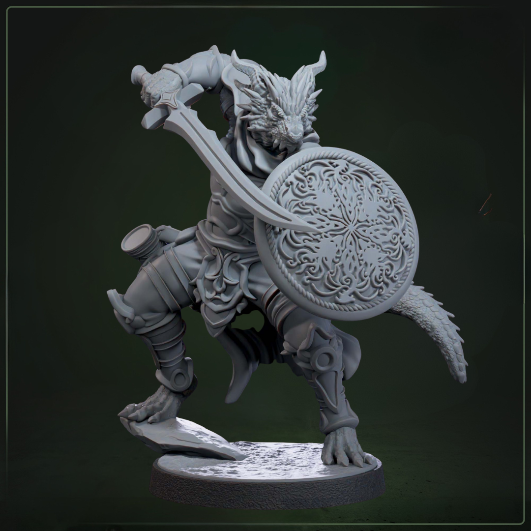 Drakkari Flameblade 4 D&D miniatuur - dragonkin fire warrior uit flameblade warband, DND miniaturen voor flame magic encounters bij Quest & Craft
