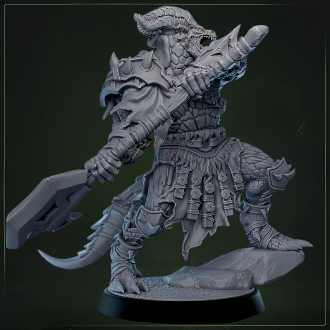 Dreadscale Raider 3 - bijl naar achteren -  D&D miniatuur - gespecialiseerde draconische strijder uit warband set, TTRPG miniaturen voor Dungeons & Dragons jungle campaigns van Quest & Craft
