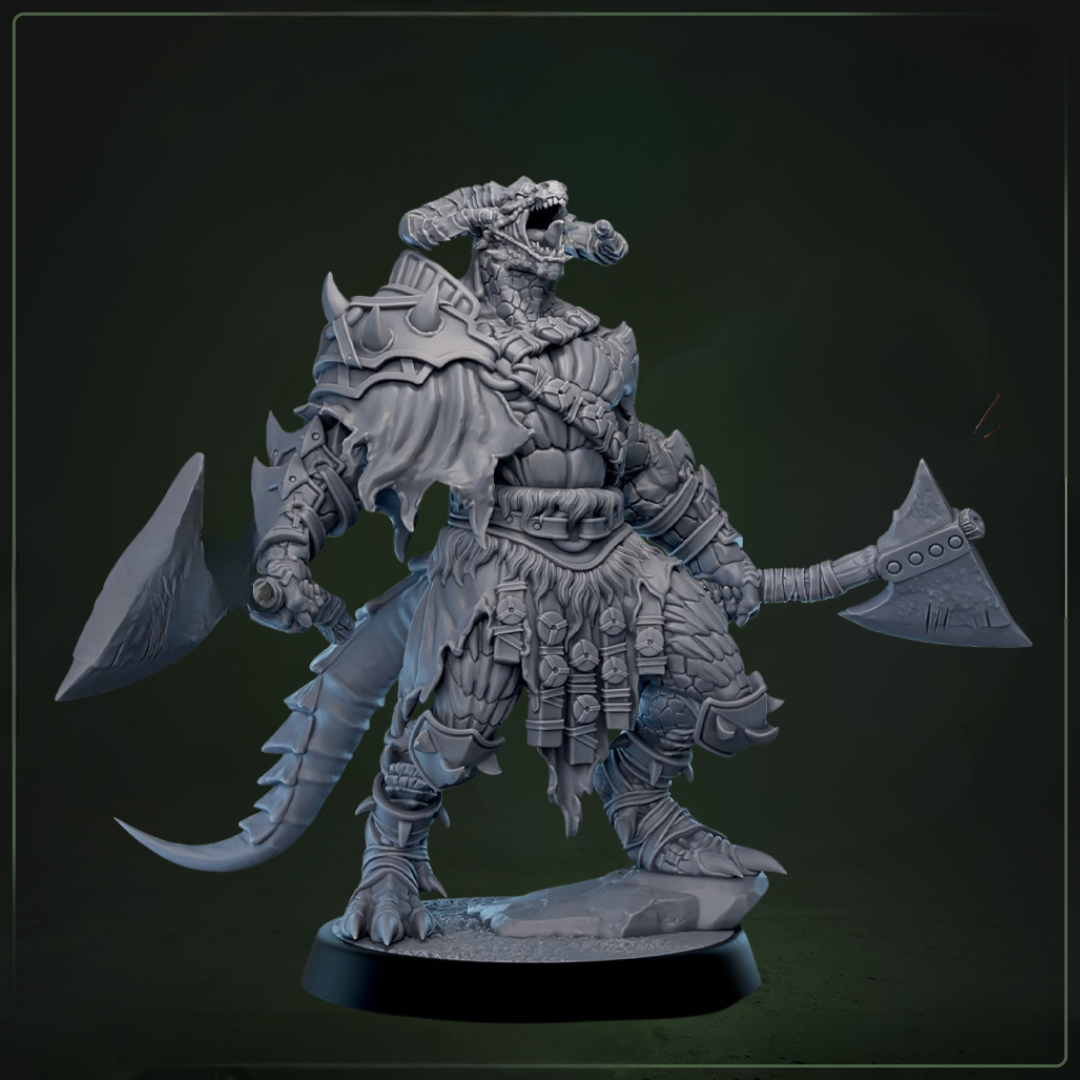Dreadscale Raider 4- axe dual wield -  D&D miniatuur - elite jungle-krijger met reptielachtige kracht uit Cliffs of Drakkenfall, DND miniaturen voor tabletop RPG bij Quest & Craft

