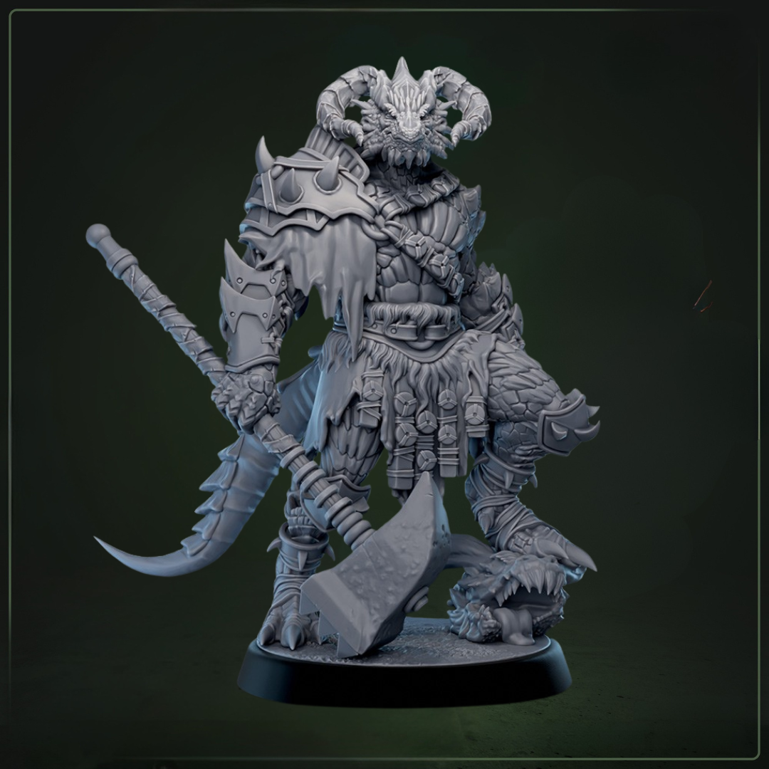 Dreadscale Raider Leader D&D miniatuur - 2handed mace - complete warband leider uit Cliffs of Drakkenfall set, Nederlandse kwaliteit Quest & Craft miniaturen nederland voor tactische encounters
