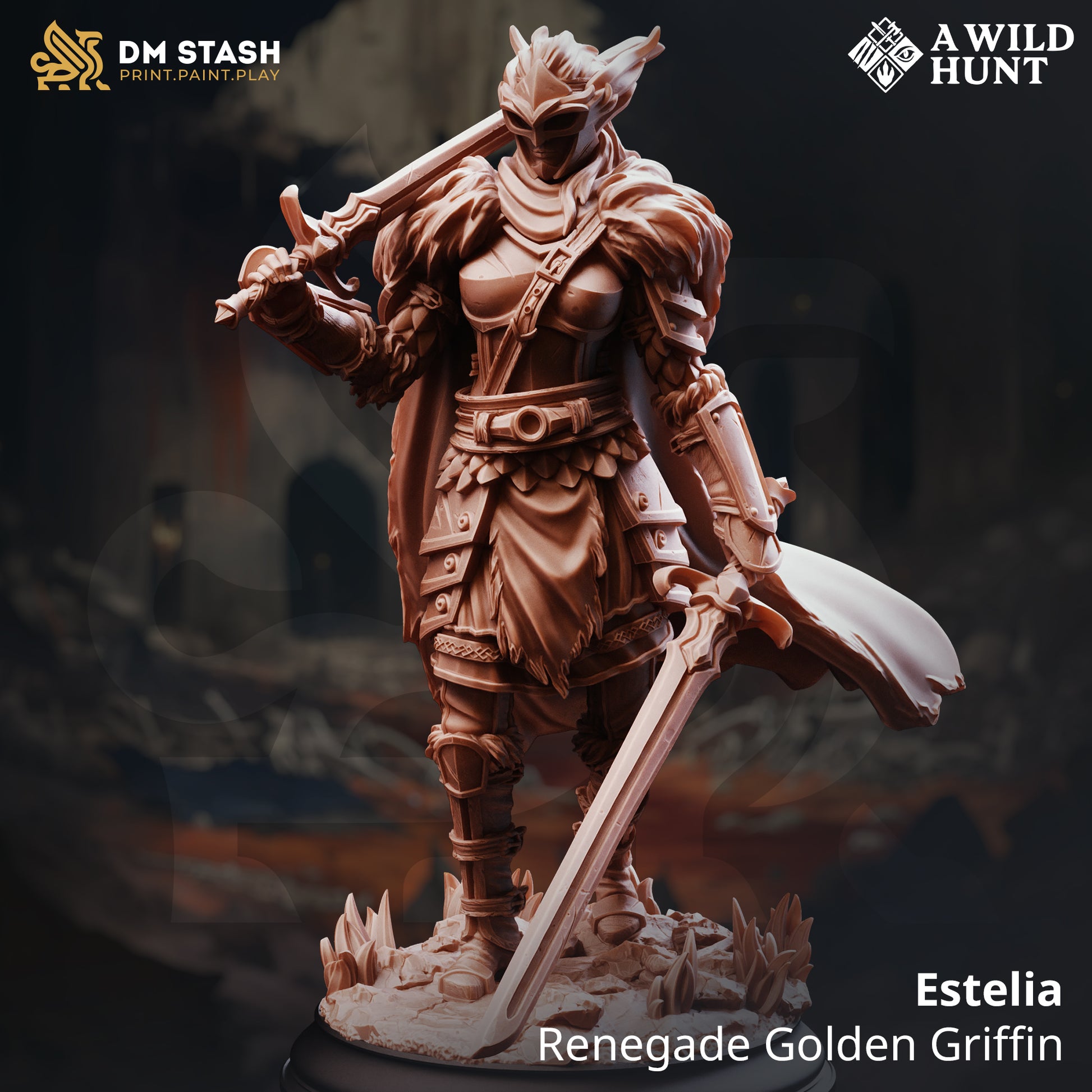 Estelia Renegade Golden Griffin D&D miniatuur - majestueuze celestial beast met golden feathers uit A Wild Hunt collectie, premium DND miniaturen fantasy noble griffin voor TTRPG epic encounters uit Nederland bij Quest & Craft