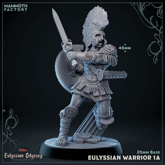 Eulyssian Warriors 1A D&D miniatuur - met zwaard in aanval-heroïsche Griekse krijger uit Eulyssian Odyssey warband, hoogdetail resin DND miniaturen voor mythologische tabletop RPG van Quest & Craft
