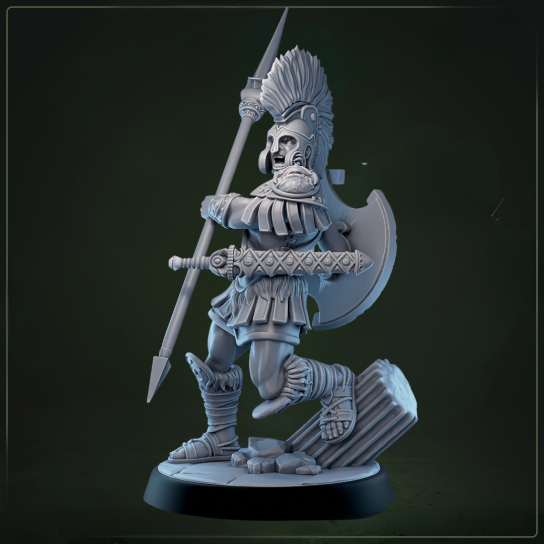 Eulyssian Warriors 1B D&D miniatuur - met speer in verdediging-alternatieve pose Griekse strijder uit warband set, fantasy miniaturen voor klassieke encounters bij Quest & Craft

