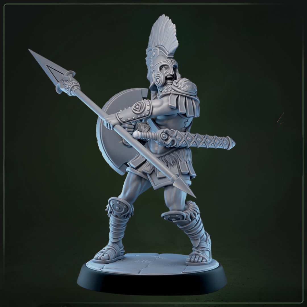 Eulyssian Warriors 2B D&D miniatuur - speer- mythologische krijger met speer en schild uit warband, DND miniaturen voor tabletop RPG bij Quest & Craft
