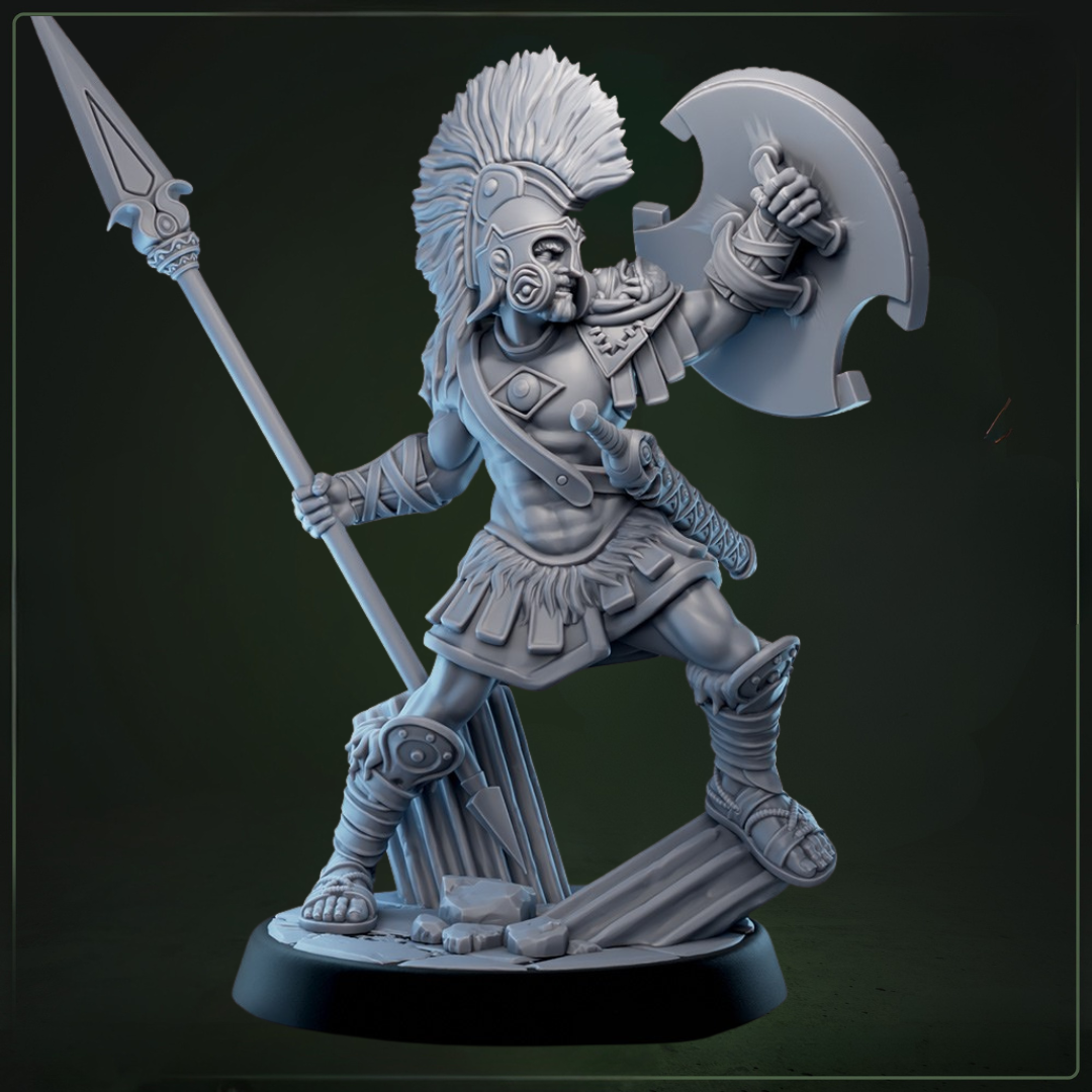 Eulyssian Warriors 3B D&D miniatuur - Speer en schild- falanx krijger met authentieke Griekse wapenrusting, TTRPG miniaturen uit Eulyssian Odyssey bij Quest & Craft
