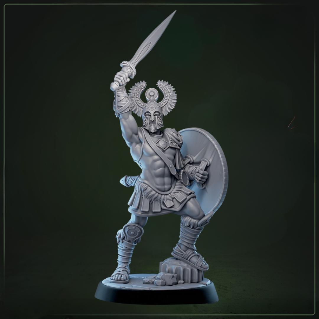 Eulyssian Warriors 5A D&D miniatuur -  zwaard in de lucht - mythologische Griekse held uit complete warband, TTRPG miniaturen voor heroïsche encounters van Quest & Craft
