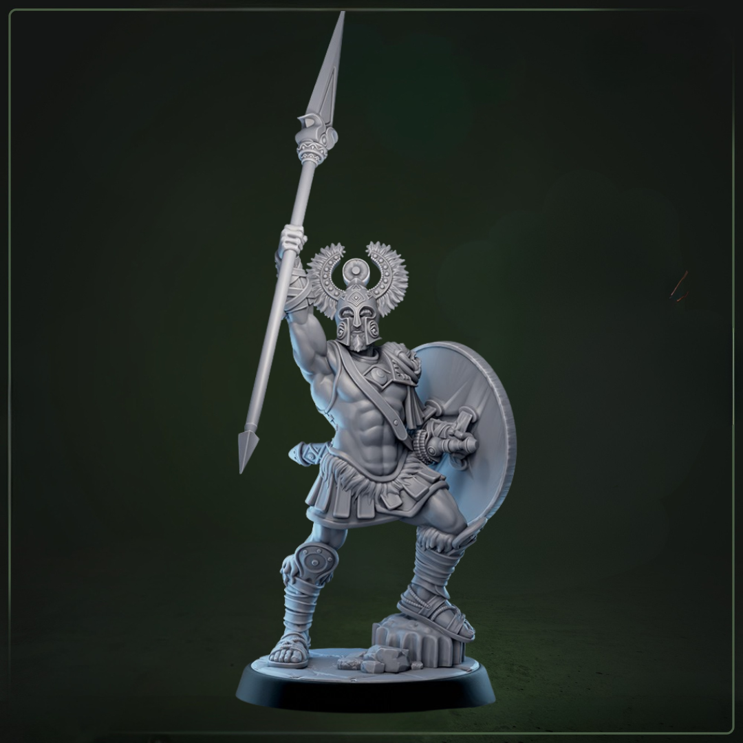 Eulyssian Warriors 5B D&D miniatuur - speer in de lucht - complete Griekse krijgers warband uit Eulyssian Odyssey set, Nederlandse kwaliteit Quest & Craft miniaturen nederland voor mythologische encounters
