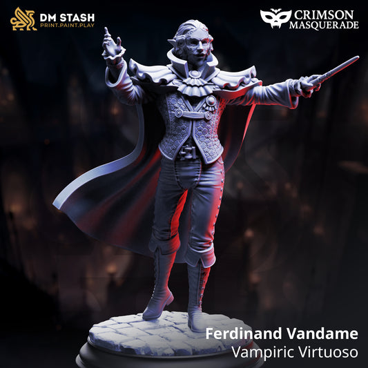 Ferdinand Vandame Vampiric Virtuoso D&D miniatuur - gemaskerd bal -  charismatische artistieke vampier met refined attire en creative posture, premium DND miniaturen fantasy cultural NPC voor sophisticated TTRPG campaigns uit Nederland bij Quest & Craft