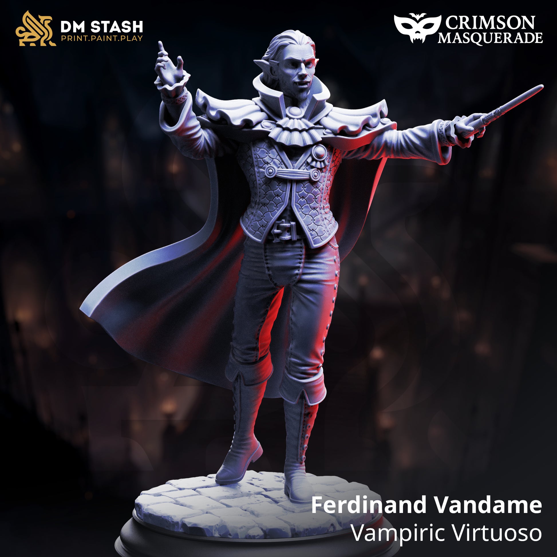 Ferdinand Vandame Vampiric Virtuoso D&D miniatuur - charismatische artistieke vampier met refined attire en creative posture, premium DND miniaturen fantasy cultural NPC voor sophisticated TTRPG campaigns uit Nederland bij Quest & Craft