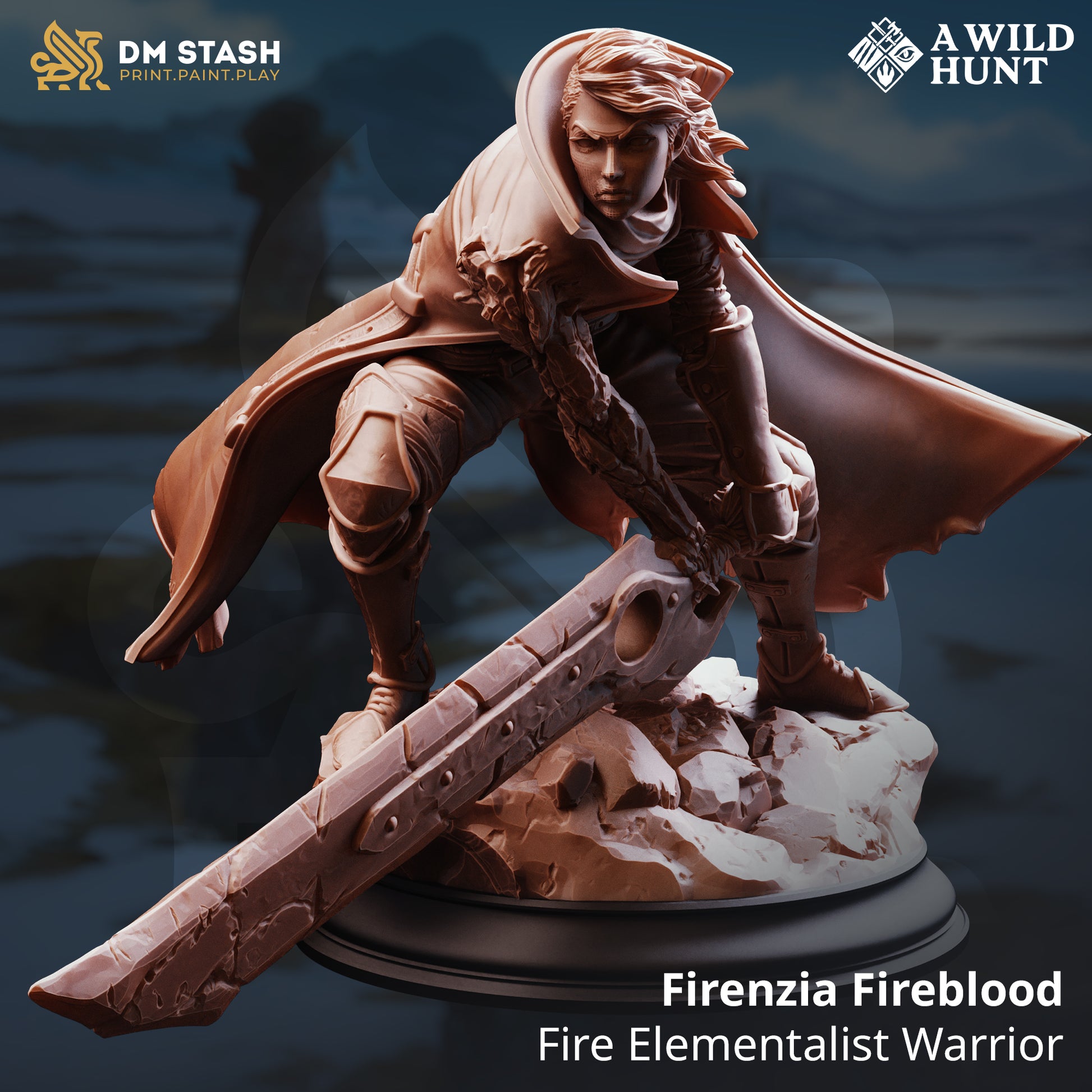 Firenzia Fireblood Fire Elementalist Warrior D&D miniatuur - vurige legendary flame wielder met elemental fire magic uit A Wild Hunt collectie, premium DND miniaturen fantasy fire warrior voor TTRPG elemental encounters uit Nederland bij Quest & Craft