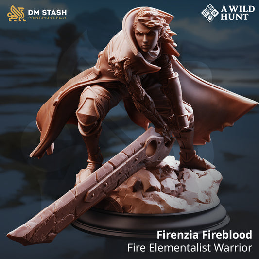 Firenzia Fireblood Fire Elementalist Warrior D&D miniatuur - vurige legendary flame wielder met elemental fire magic uit A Wild Hunt collectie, premium DND miniaturen fantasy fire warrior voor TTRPG elemental encounters uit Nederland bij Quest & Craft