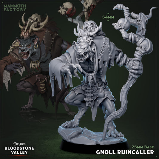Gnoll Ruin-Caller D&D miniatuur - sinistere priester van de Eater of Days met rituele staf en fanatieke houding, apocalyptische geestelijke uit Bloodstone Valley collectie voor DND en fantasy horror tabletop gaming