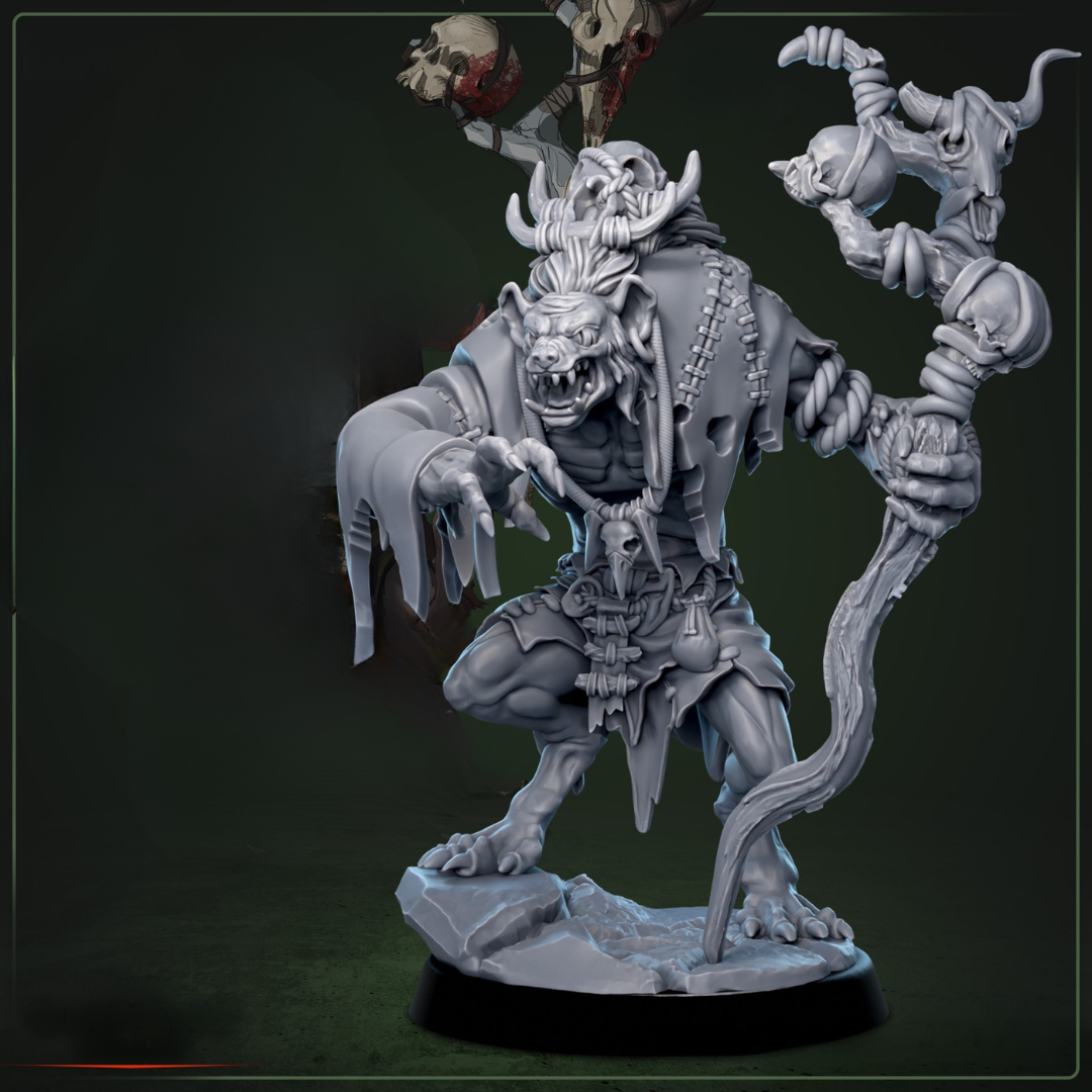 Gnoll Ruin-Caller D&D miniatuur - sinistere priester van de Eater of Days met rituele staf en fanatieke houding, apocalyptische geestelijke uit Bloodstone Valley collectie voor DND en fantasy horror tabletop gaming
