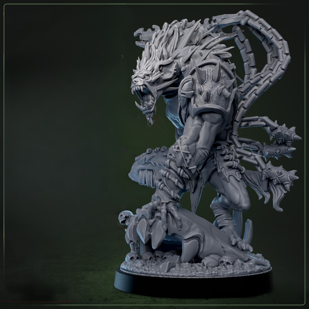 Gnoll Scourge-Lord D&D miniatuur - Een imposante gnoll warlord in commanding pose met tribal armor en wapens, perfect voor tabletop RPG campaigns als savage tribal leader en boss encounter