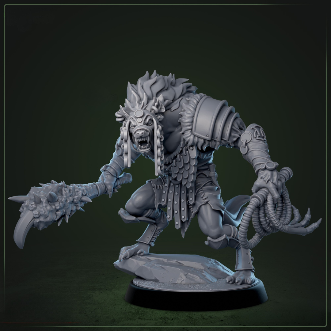 Gnoll Taskmaster D&D miniatuur - wrede slavendrijver met zweep en kettingen, sadistische gnoll uit Bloodstone Valley collectie voor DND en fantasy tabletop gaming met donkere thema's