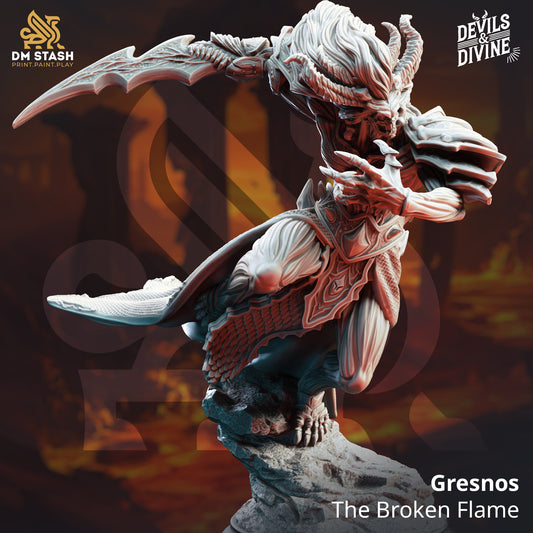 Gresnos The Broken Flame D&D miniatuur - melancholische gevallen held met gebroken armor uit Feet First Into Hell campagne, premium DND miniaturen fantasy tragic hero voor TTRPG storytelling uit Nederland bij Quest & Craft