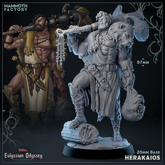 Herakaios D&D miniatuur - front view -  legendarische mythische halfgod held geïnspireerd op Hercules uit Eulyssian Odyssey collectie, hoogdetail resin DND miniaturen voor fantasy tabletop RPG van Quest & Craft
